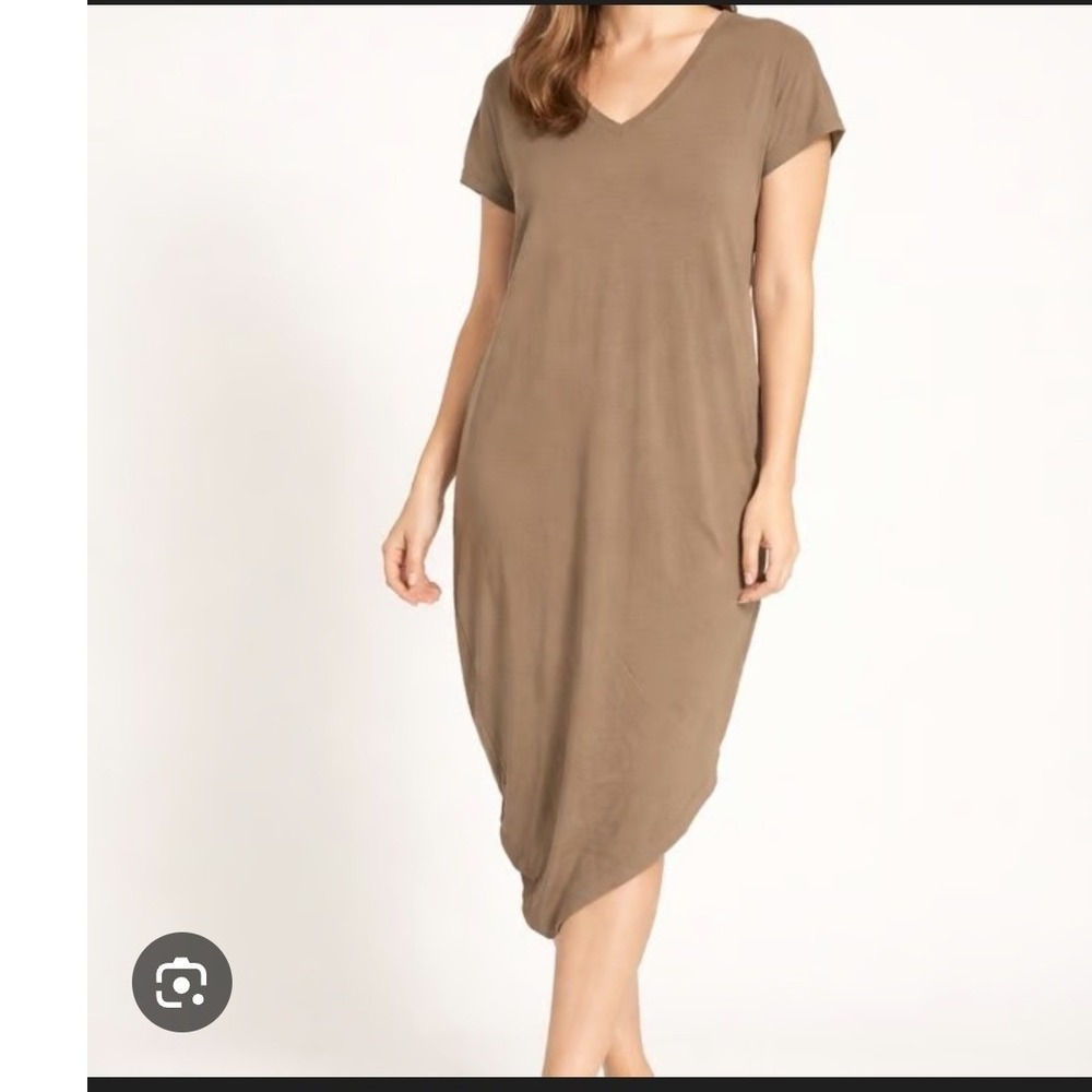 Universal Standard NEW Geneva V-Neck Dress Tan Khaki Draped Asymmetric Hem 4XS